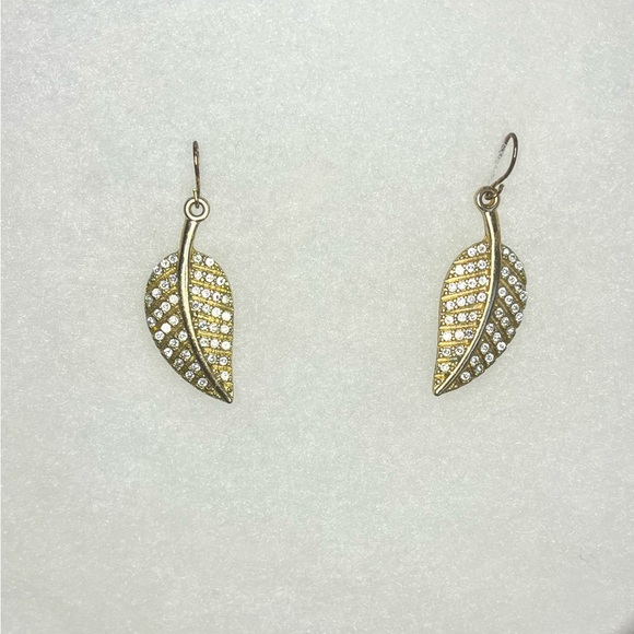 Gold Tone Rhinestone Leaf Shaped Hook Dangle Earrings - Picture 3 of 5